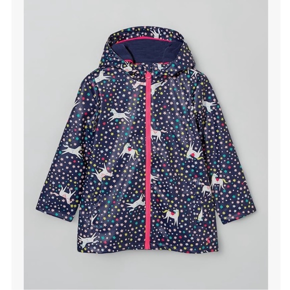 VGUC Joules Big Girls Raindance Fleece Lined Coat in Navy Unicorn Star Print 11